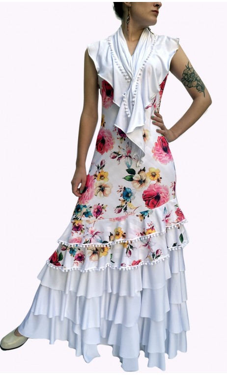 White Floral Striped Flamenco Dress 6 Ruffles