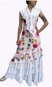 Vestido Flamenco Floral Blanco a Rayas 6 Volantes