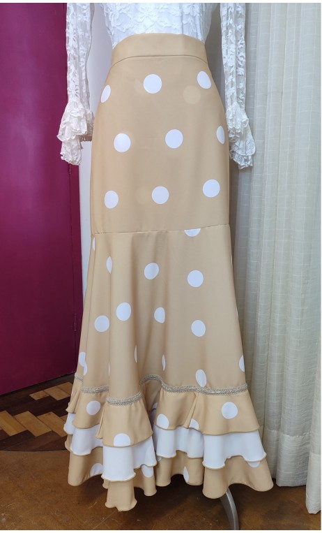 Beige w/ White Polka-dots Wrap Over Flamenco Skirt