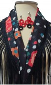 Black & Floral Scarf w/Fringe & Earrings Set