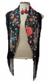 Black & Floral Scarf w/Fringe & Earrings Set