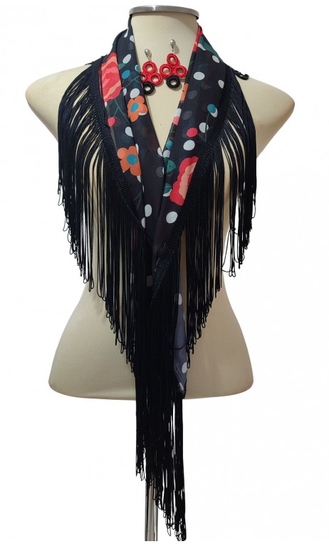 Black & Floral Scarf w/Fringe & Earrings Set