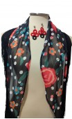 Black & Floral Scarf w/Fringe & Earrings Set