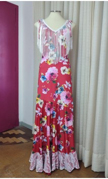 Vestido Rojo Floral con Flecos