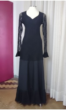 Vestido Flamenco Negro de Encajes y Falda Godet