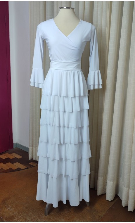 Conjunto Flamenco Branco de Saia e Blusa c/Babados de Tule