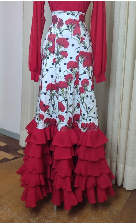 Floral White Flamenco Skirt w/Red Ruffles