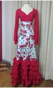 Saia Flamenca Branca Floral c/Babados Vermelhos