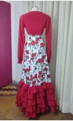 Saia Flamenca Branca Floral c/Babados Vermelhos