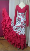 Saia Flamenca Branca Floral c/Babados Vermelhos