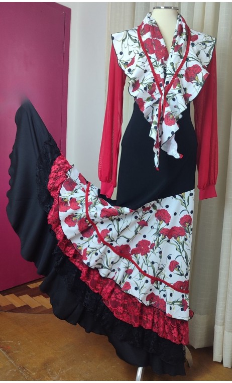 Conjunto Flamenco Negro, Blanco y Rojo de Falda y Pañuelo