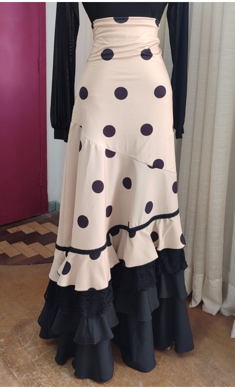 Beige w/Black Polka-dots Flamenco Skirt