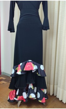 Falda Flamenca Negra Floral c/ 3 Volantes