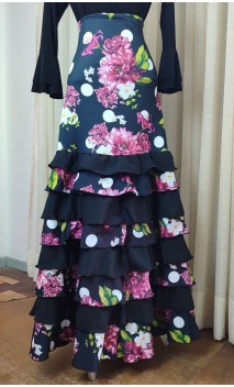 Falda Flamenca Negra Floral 8 Volantes