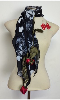 2 Scarfs , Earrings & Satin Tread w/Flowers Set