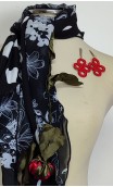 2 Scarfs , Earrings & Satin Tread w/Flowers Set