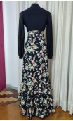 Falda Flamenca Negra Floral c/ 3 Volantes