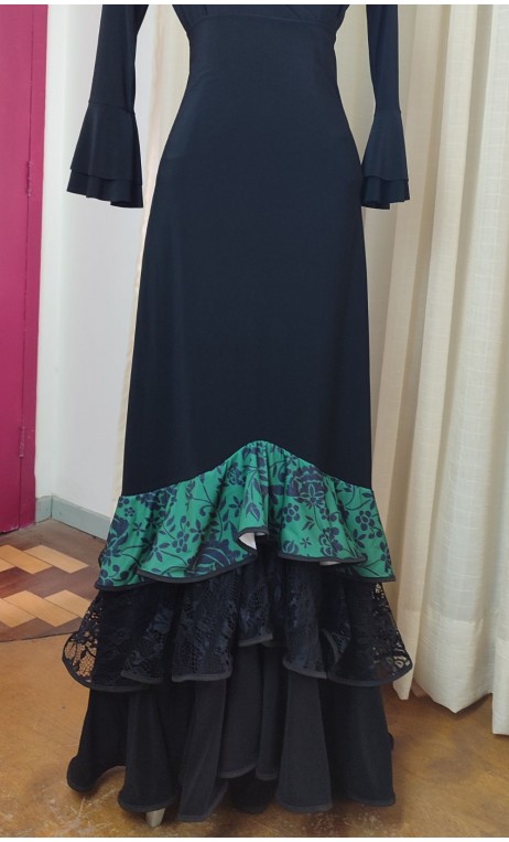 Falda Flamenca Verde y Negra c/ 3 Volantes