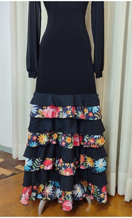 Black Flamenco Skirt w/ Floral Ruffles