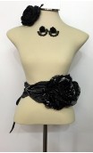 Black & White Earrings, Flower & 3 Flowers Belt Set